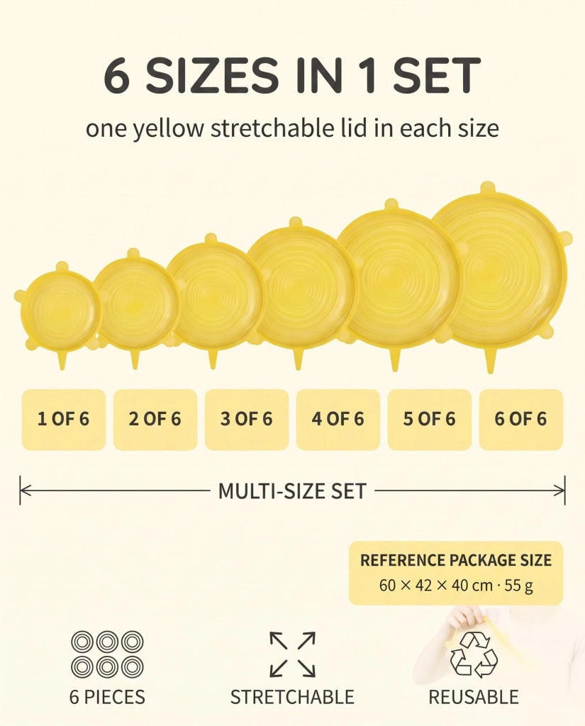 Set di coperchi in silicone, 6 pezzi, ermetici, riutilizzabili, colore giallo