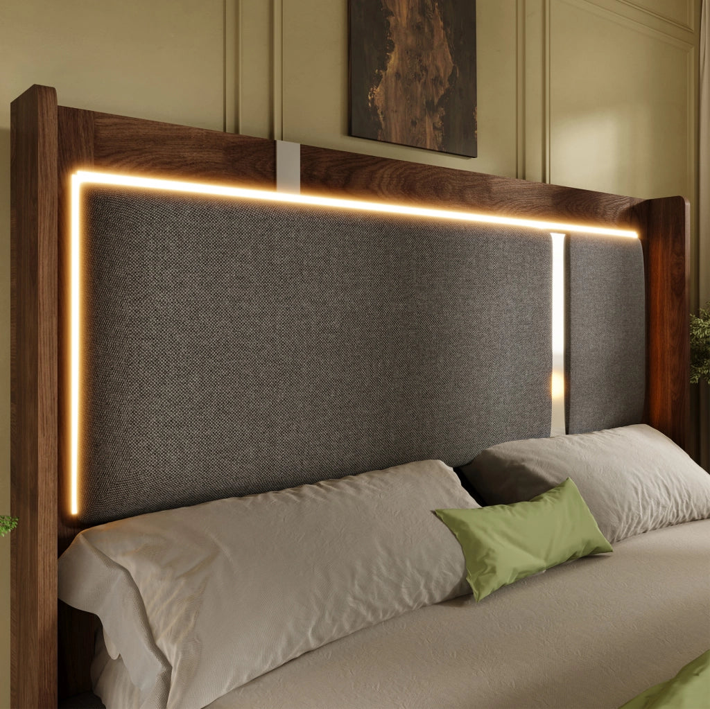 Letto matrimoniale imbottito 180x200 cm con rete a doghe, LED integrati e contenitore, grigio lino e noce, senza materasso