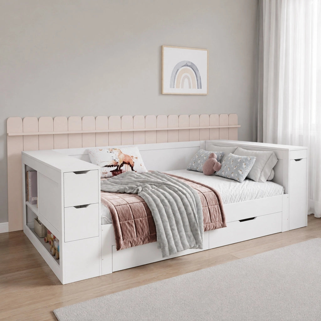 Letto singolo per bambini con cassetti e spazio contenitore, 90 x 190 cm, bianco, materasso non incluso