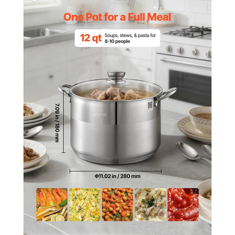 Pentola in Acciaio Inox 11,4 Litri con Coperchio in Vetro HZ-V10T Casseruola Robusta per Cucina Brodo e Pasta per Piani Cottura Gas ed Elettrici