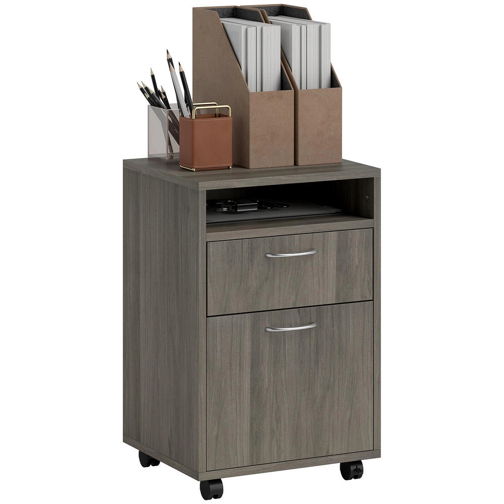 Cassettiera Portadocumenti con 4 Ruote e Ripiano Aperto, Mobiletto in Legno e Metallo, Pratico e Salvaspazio, per Casa e Ufficio, 40x35x60 cm, Grigio