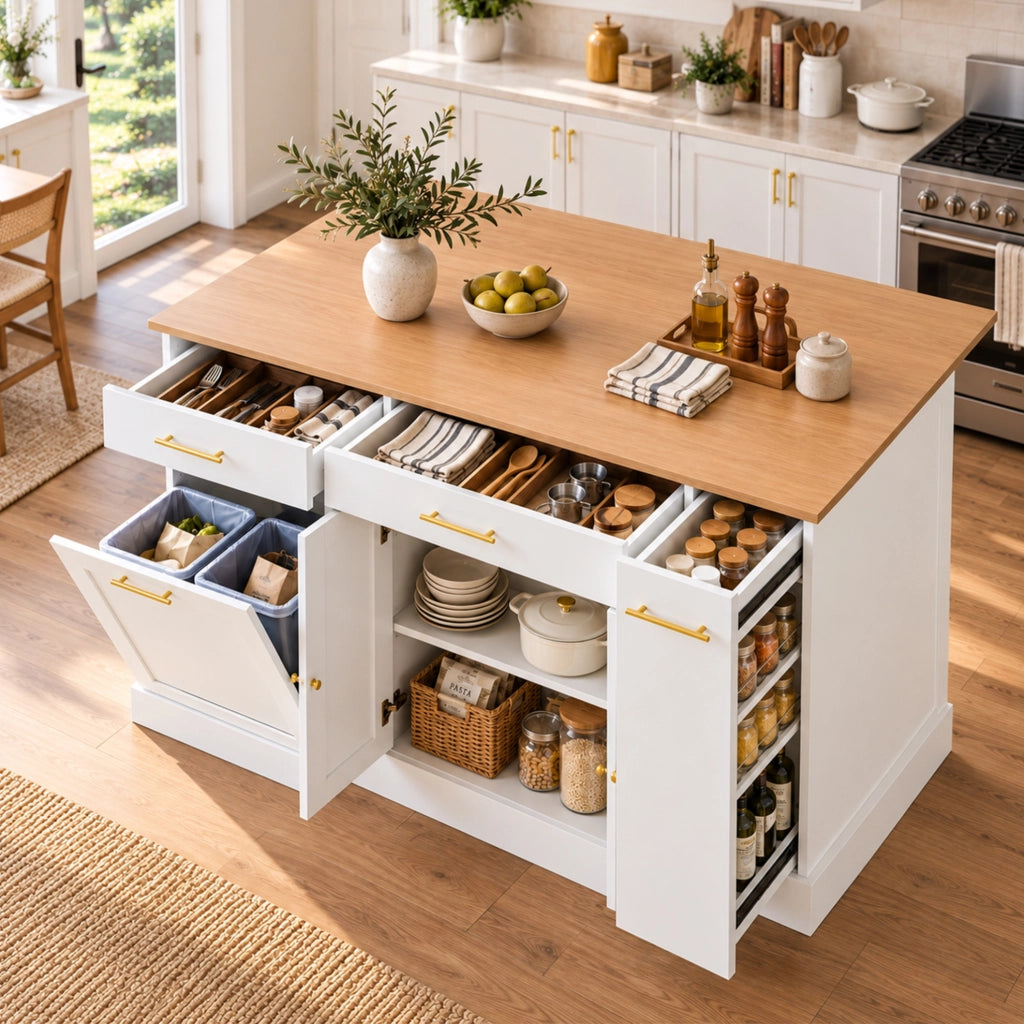 Isola cucina con piano pieghevole e vano pattumiera