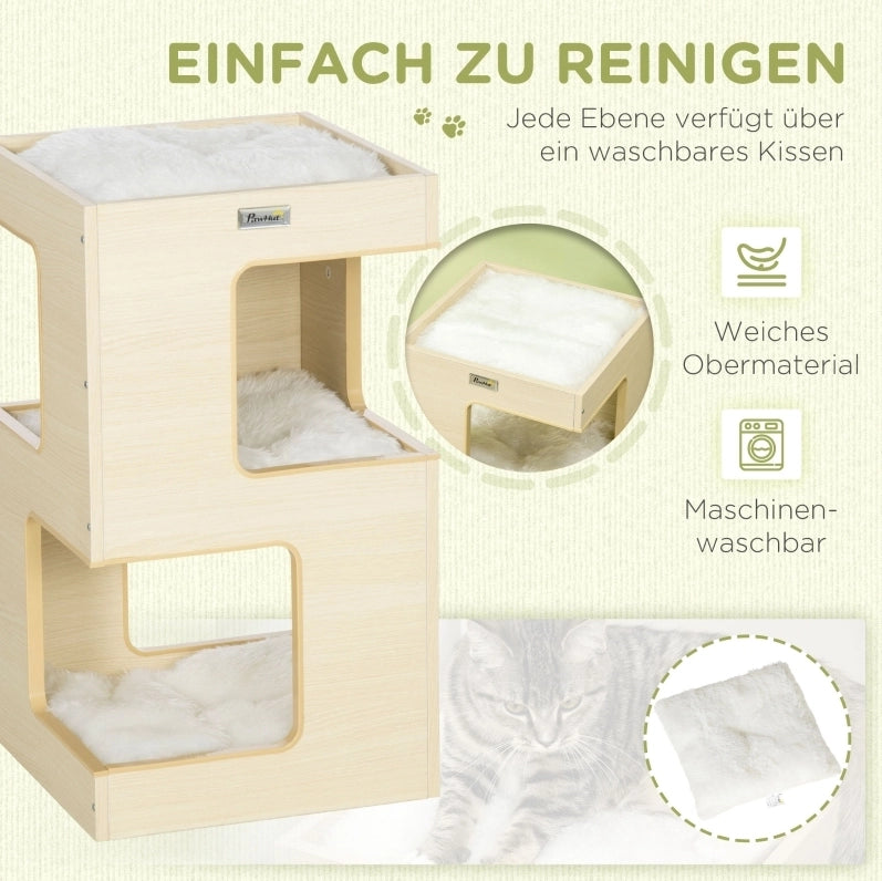 Cuccia per gatto 34 x 34 x 60 cm in legno naturale e grigio chiaro con gioco
