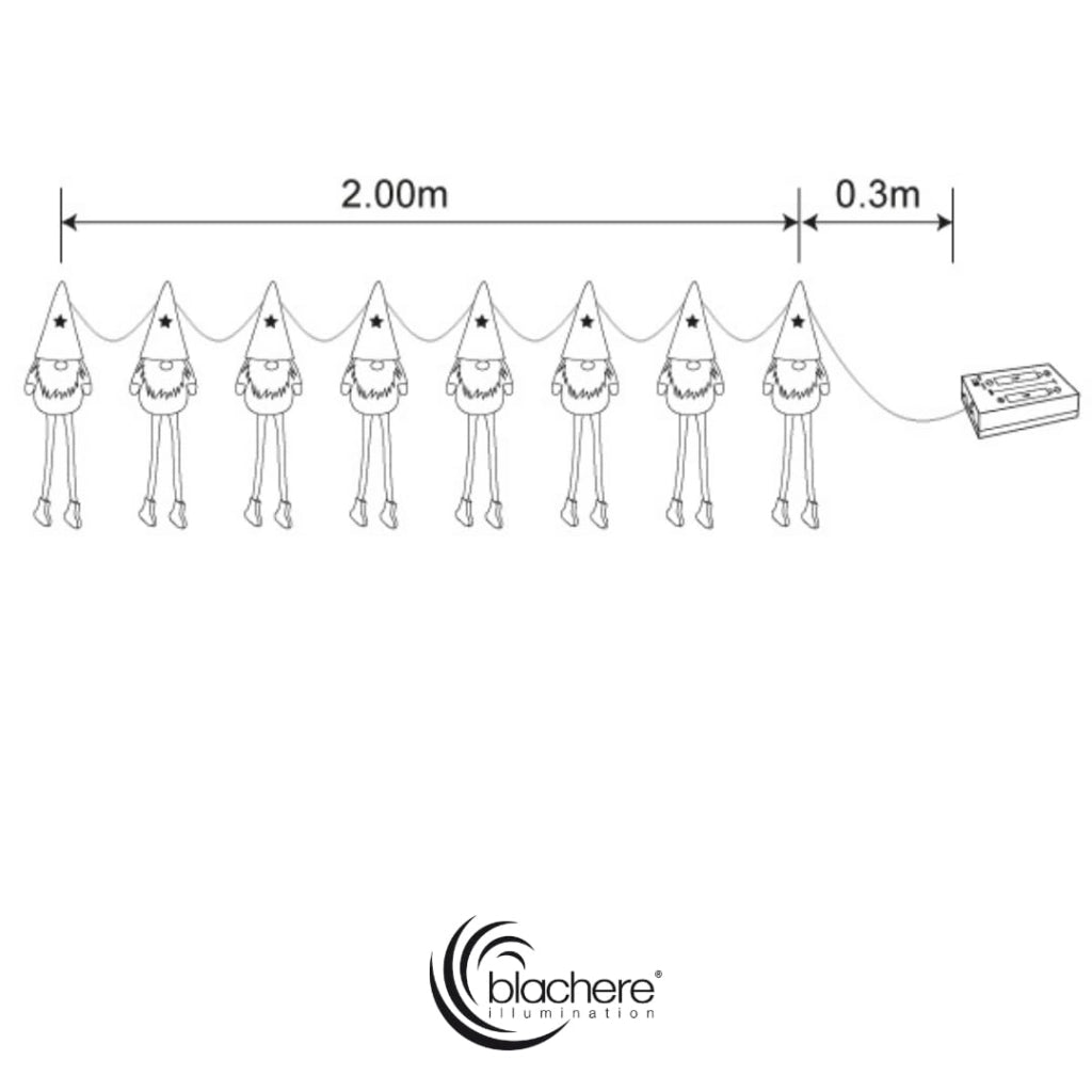 Catena luminosa a forma di Babbo Natale, 2 metri, 8 LED bianco caldo, alimentata a batteria