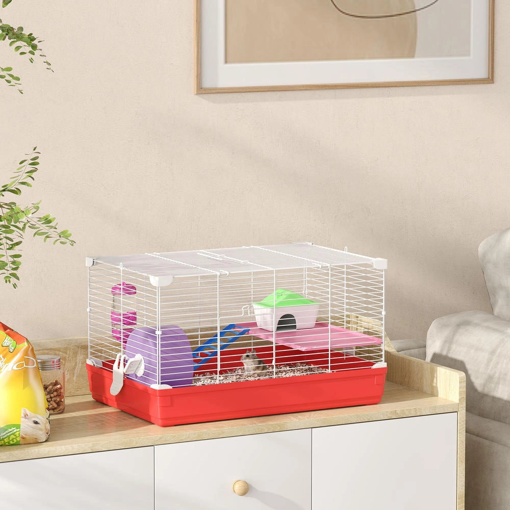 Gabbia per Criceti e Roditori a 2 Livelli con Casetta Ruota e Fondo Rimovibile Facile da Pulire 47 x 30 x 27 cm Bianco