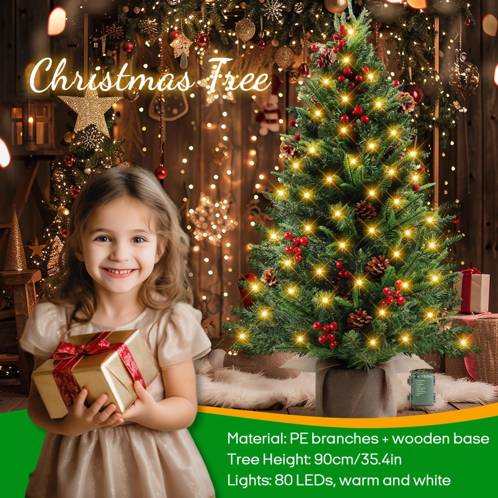 Albero di Natale artificiale, altezza 90 cm, 80 LED, 170 rami, luce bianco caldo