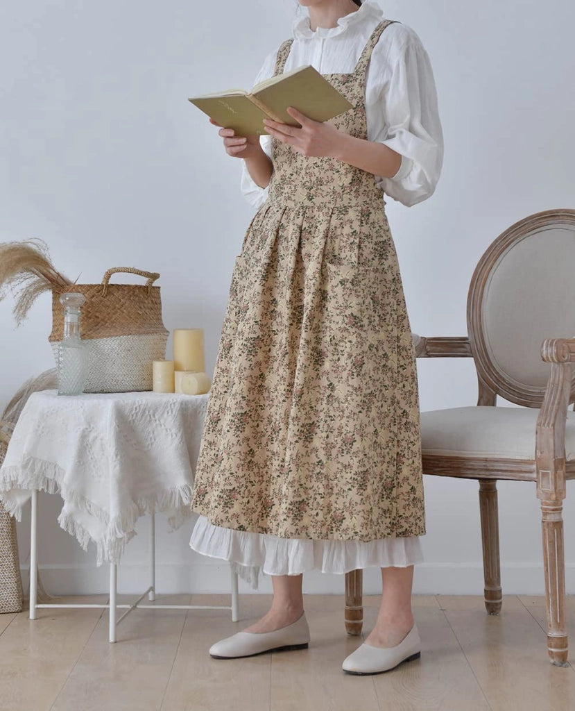 Grembiule in cotone con motivo floreale, spacchi laterali e tasche per cucina, giardino, casa, fioreria