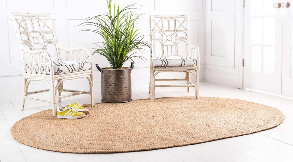 Tappeto ovale in juta, intrecciato a mano, color beige, 120x180 cm