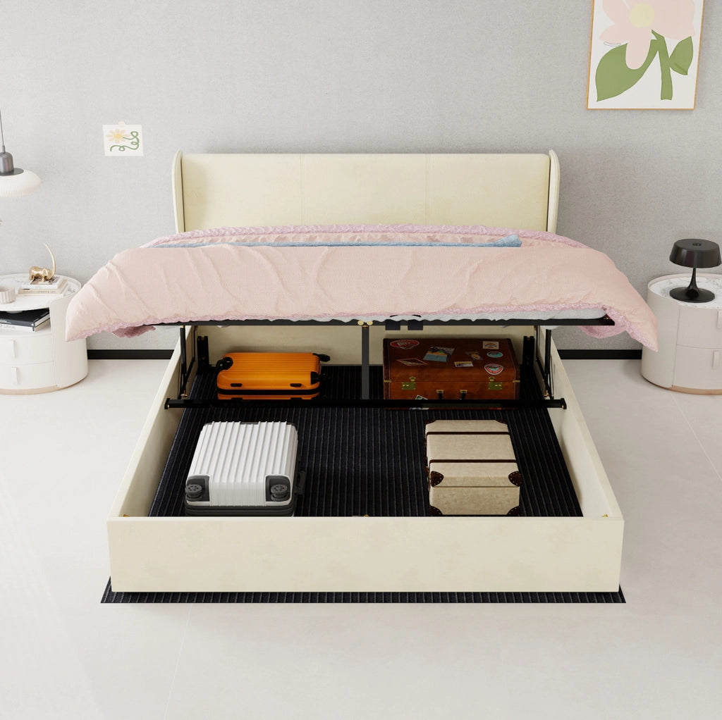 Letto Imbottito Moderno 160x200 cm Beige con Contenitore e Meccanismo a Gas, Testata Morbida e Design Minimalista