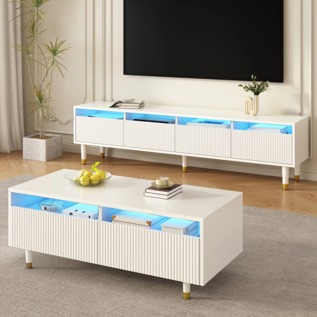 Set mobile TV e tavolino con LED, MDF bianco, 2 pezzi