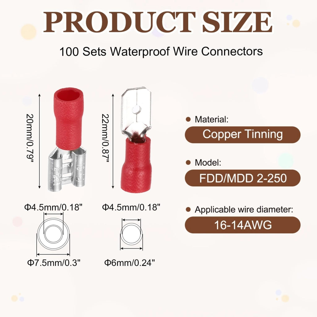 Connettori a crimpare, 100 pezzi, calibro 16-14 AWG, rossi, isolati, connettori/prese