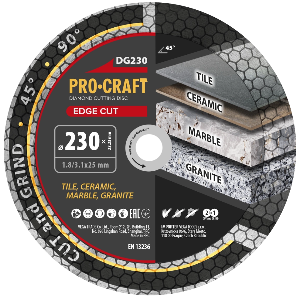 Disco diamantato Procraft DG230, Ø 230 mm, 6650 giri/min, spessore 1,8 mm