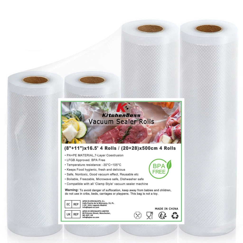 Rotoli per confezionamento sottovuoto, dimensioni 20/28 x 500 cm, confezione da 4 pezzi, senza BPA, sigillanti per aromi