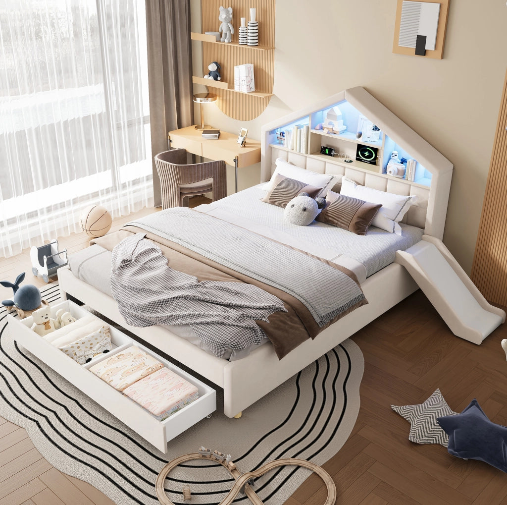 Letto per bambini imbottito beige 140 x 200 cm con scivolo e cassetto