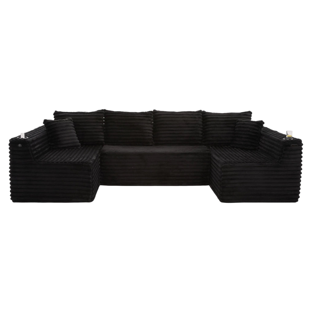 Divano modulare a U 320x155x88 cm in tessuto nero con portabicchieri