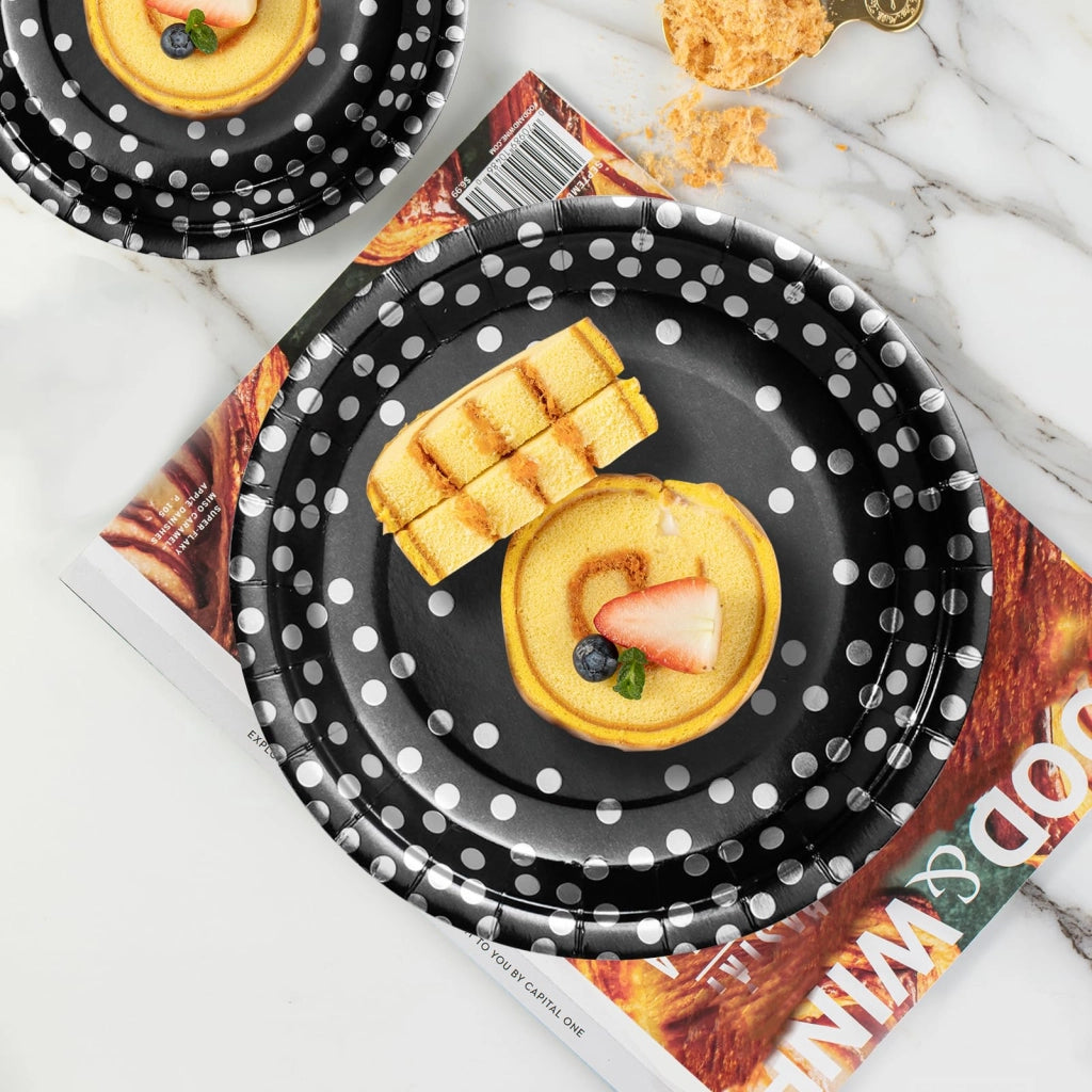 50 piatti di carta per cena, 23 cm – stoviglie usa e getta, nero e argento, con motivo a pois