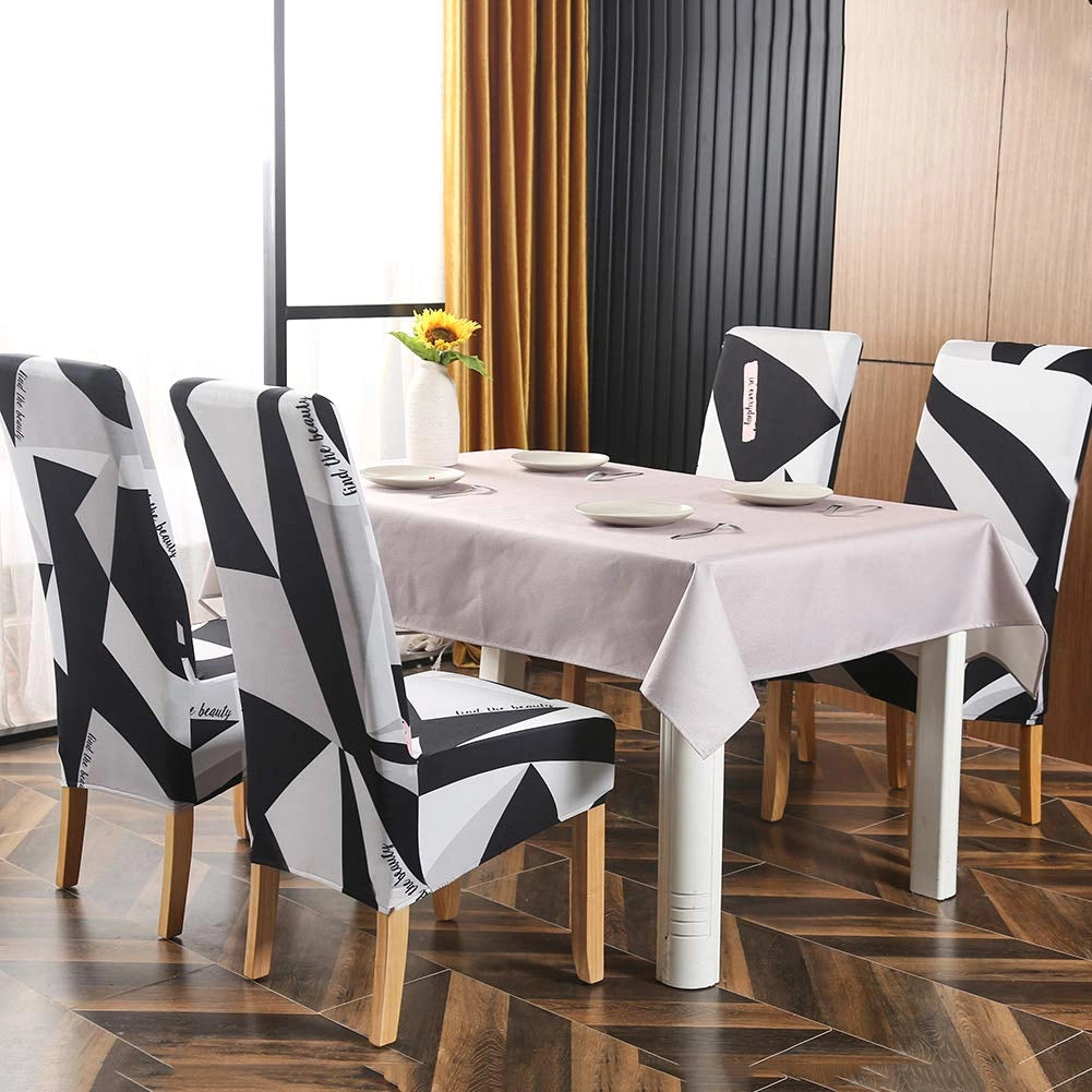 Set di 4 copri-sedie elasticizzati, color grigio, bianco e nero, adatti a sedie con schienale di 60-75 cm