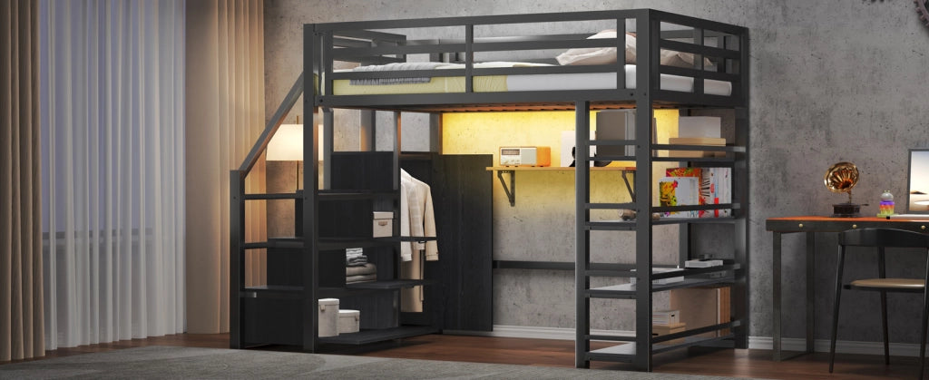 Letto a castello in metallo 140x200 con armadio integrato, ripiani, illuminazione LED e scala contenitore, nero