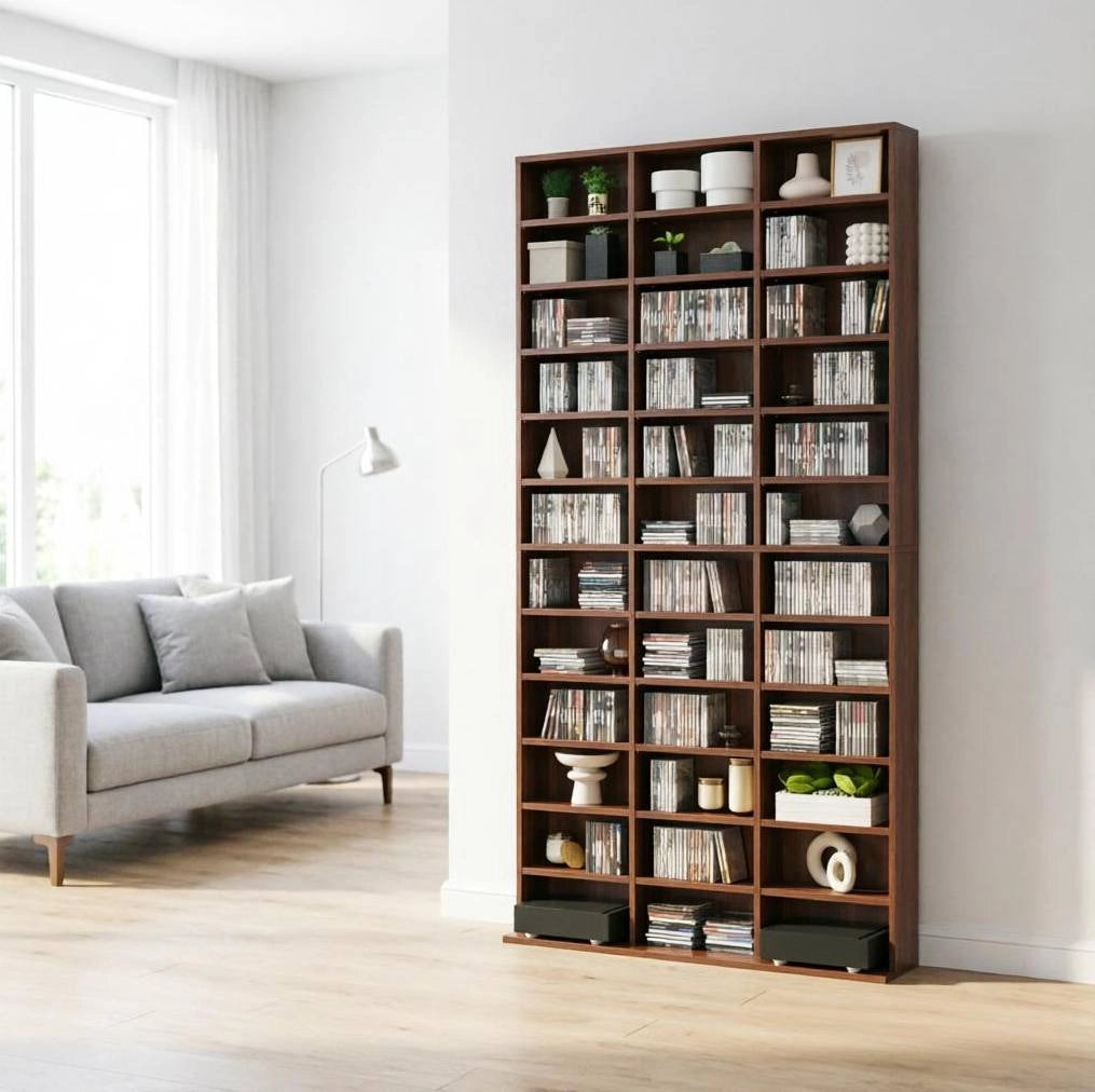 Scaffale porta dischi in MDF marrone con 36 scomparti regolabili