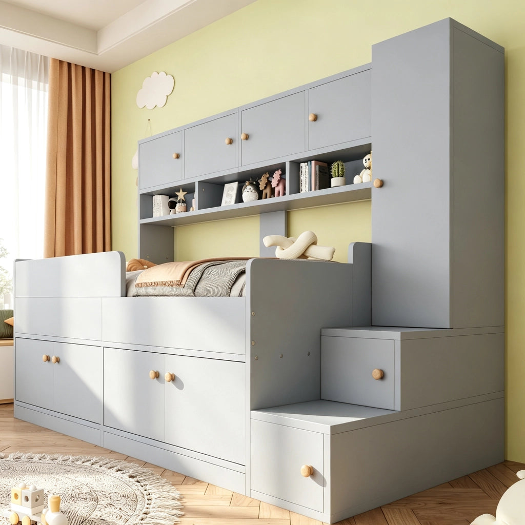 Letto con cassetti 90 ¡Á 200 cm con lavagna e barriera di protezione in legno e MDF bianco con rete a doghe
