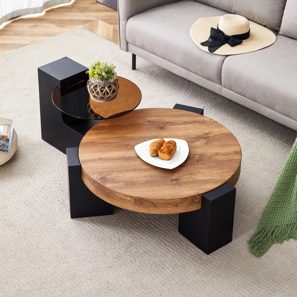 Tavolino da salotto rotondo a 2 ripiani componibile in vetro e MDF nero legno