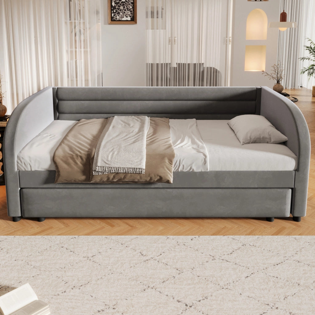 Letto singolo 90x200 cm con letto estraibile e LED; in flanella e MDF; grigio