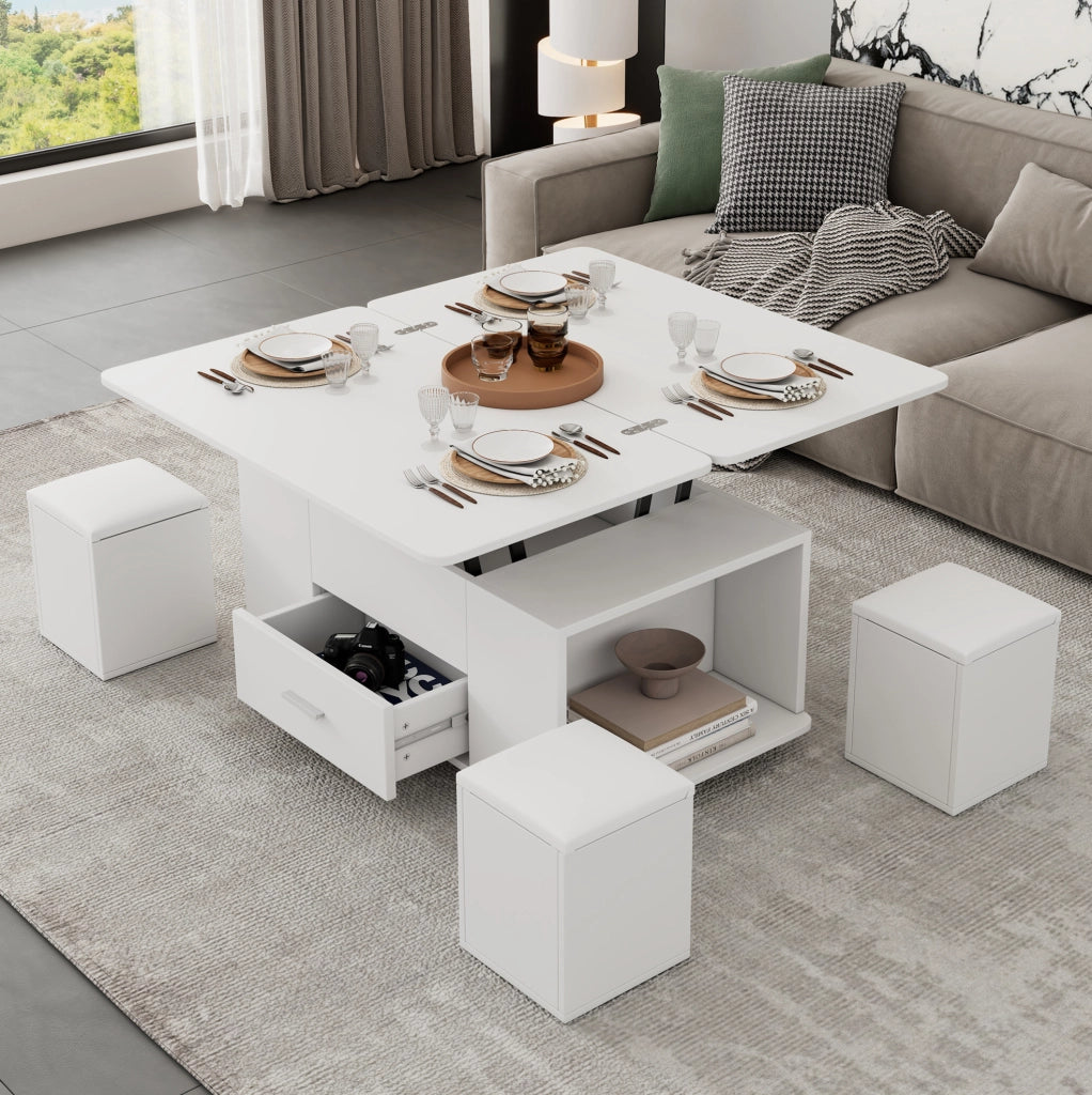 Tavolino elevabile 100 x 50 x 45 cm bianco con 4 sgabelli
