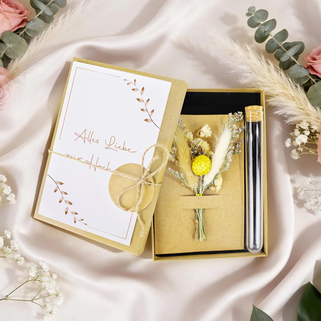 Scatola per il regalo di denaro per il matrimonio, con biglietto e fiori secchi
