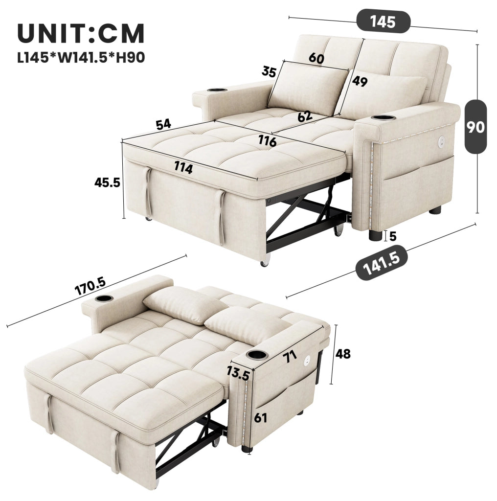Divano letto 2 posti in ciniglia beige con LED, USB e schienale regolabile