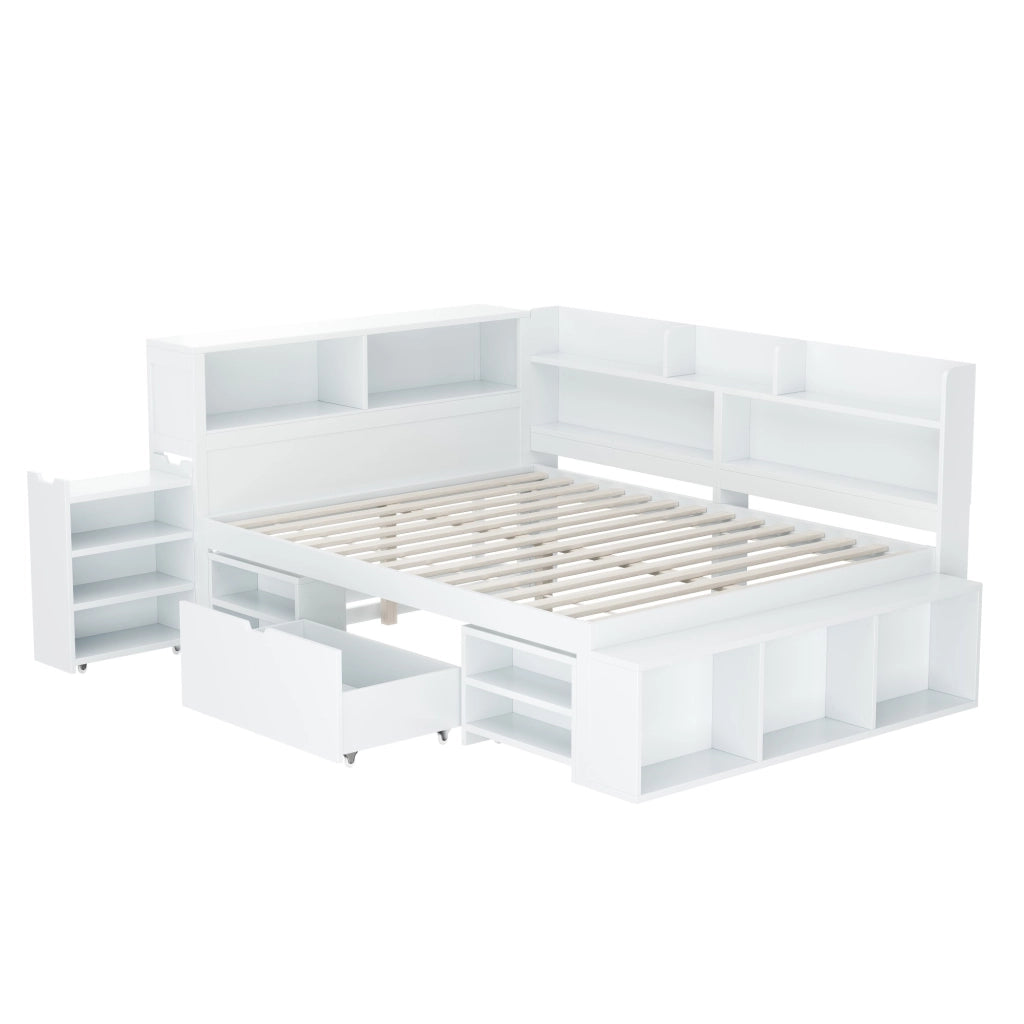 Letto per bambini 140x200 cm con cassetti; libreria e armadio contenitore; bianco