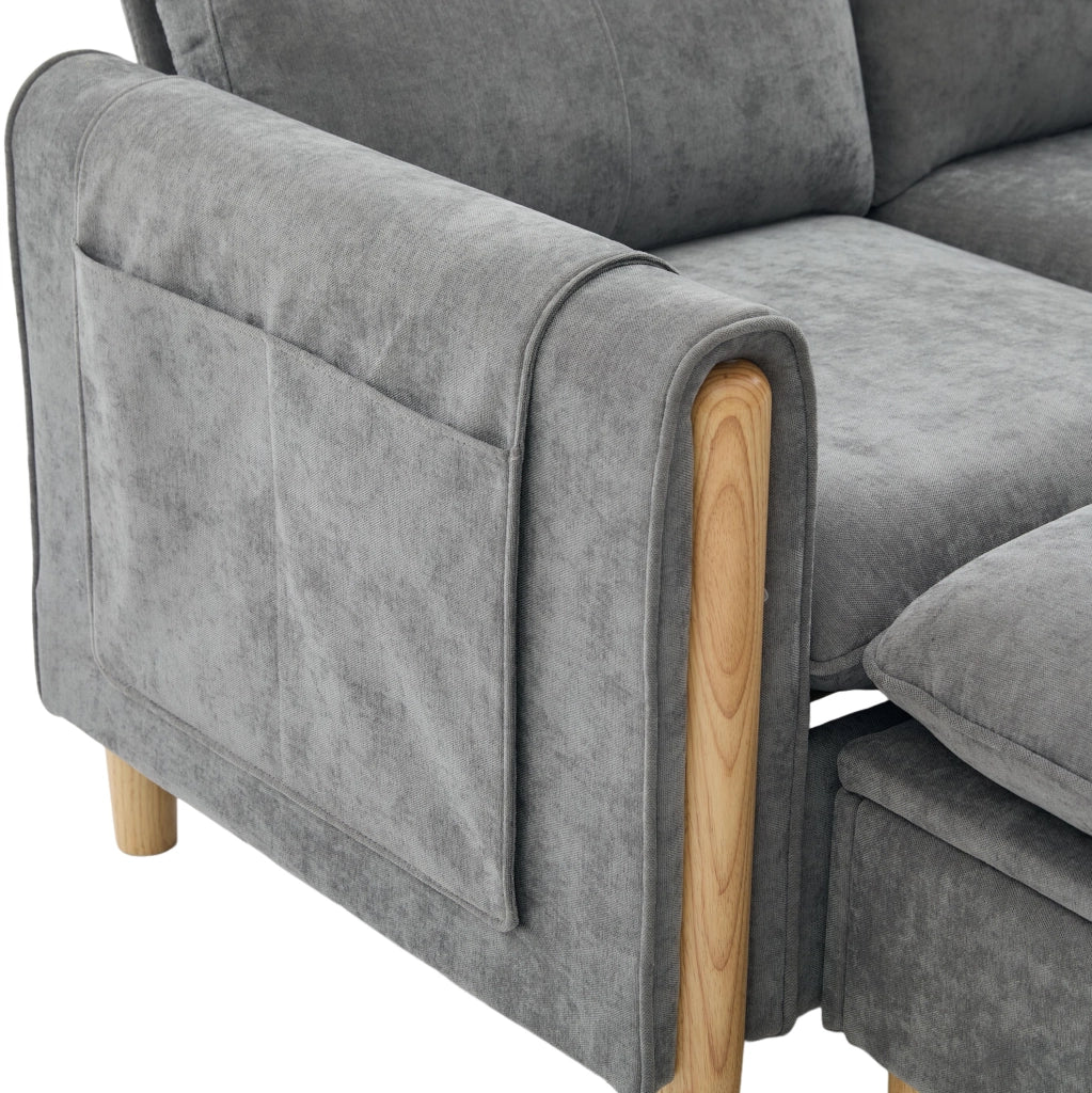 Divano 3 posti a L in ciniglia grigio chiaro con pouf contenitore