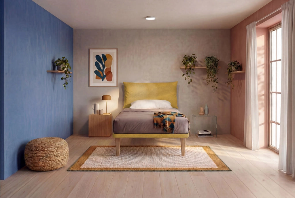 Letto Singolo con Rete Rivestita 80x190 cm Microfibra Ocra Tessis Testata Soft