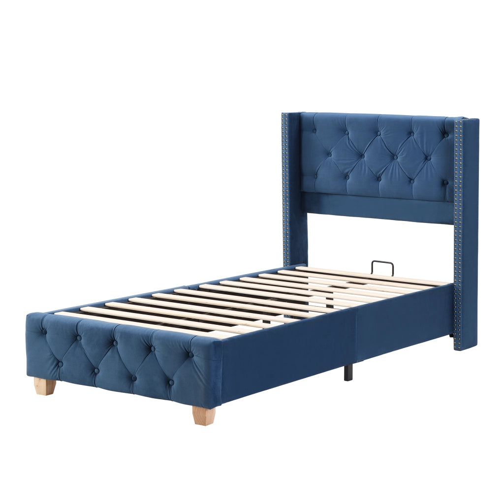 Letto imbottito blu 90x200 cm in velluto con testiera e rete a doghe inclusa