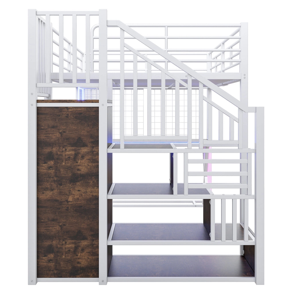 Letto a soppalco 140x200 cm con scrivania, scala, armadio e LED in metallo bianco, senza materasso