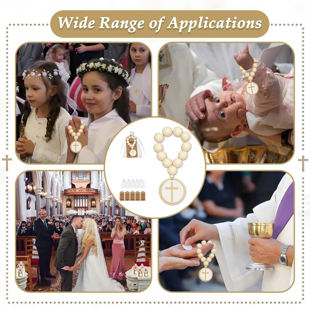 Rosario in legno con crocifisso e sacchetto di organza, set da 6, cattolico, per battesimo, comunione e cresima