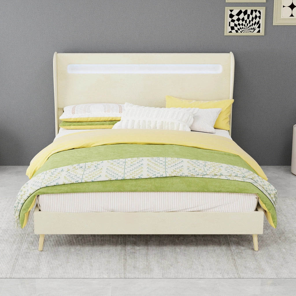 Letto imbottito 140x200 cm beige con testiera retroilluminata