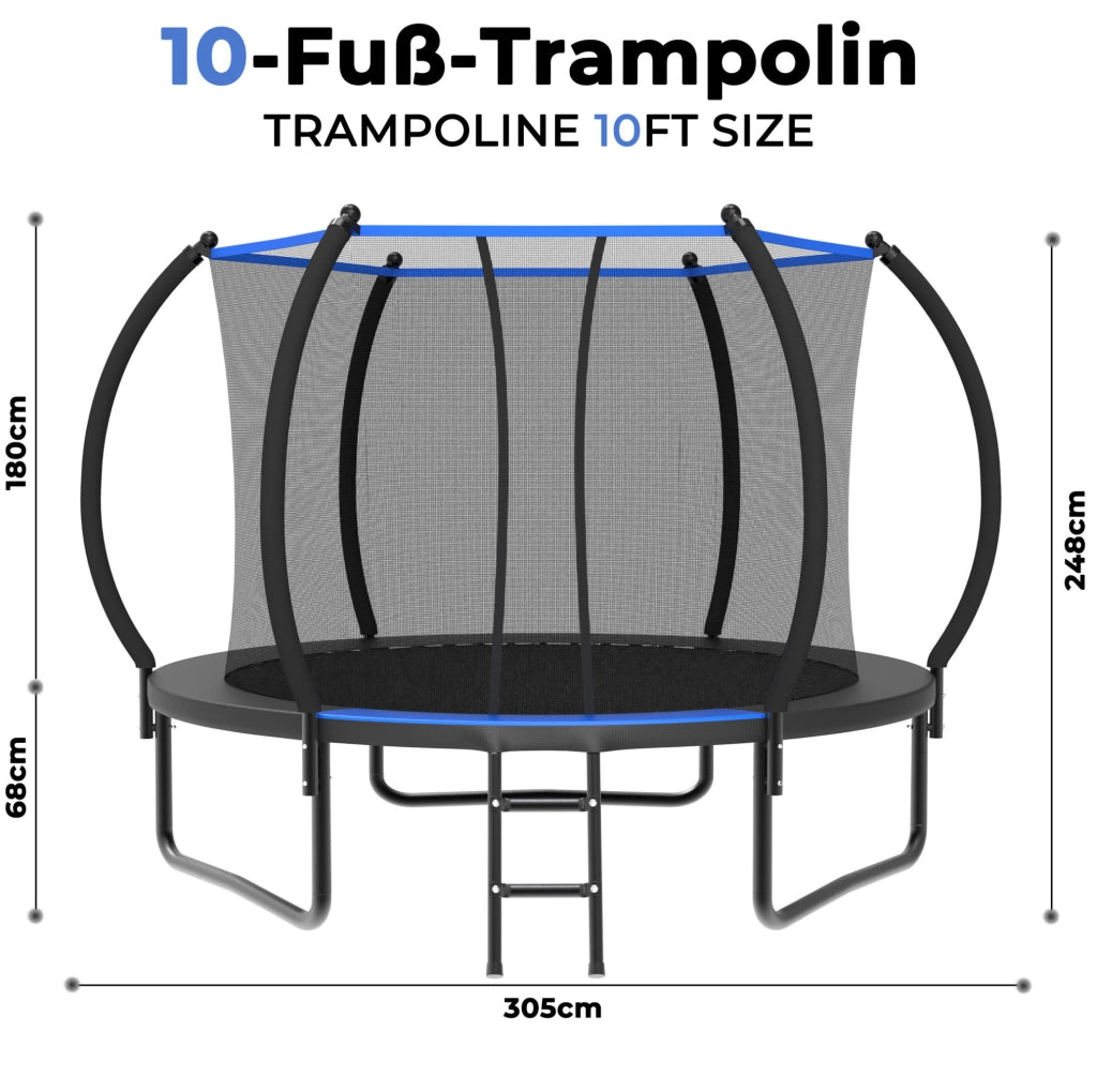 Trampolino rotondo 305 cm in acciaio nero e blu, rete di sicurezza, scala, da giardino