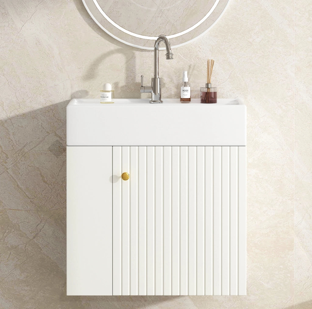 Mobile bagno sospeso bianco con lavabo in ceramica lucida 55 cm, design compatto per piccoli spazi