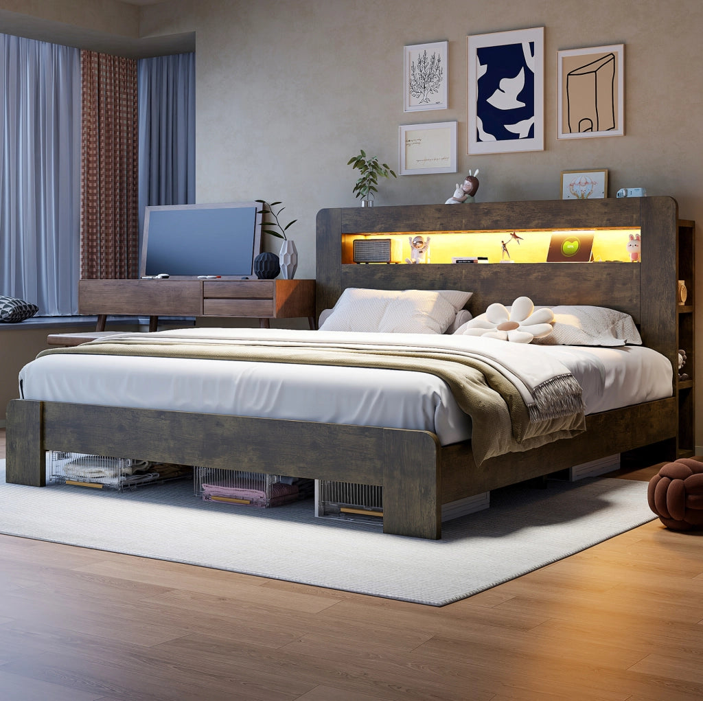 Letto matrimoniale multifunzione 180x200 cm in legno, con testiera contenitore, LED e prese