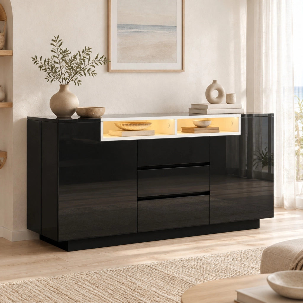 Credenza nera lucida 140 x 40 x 68 cm con cassetti e luci LED