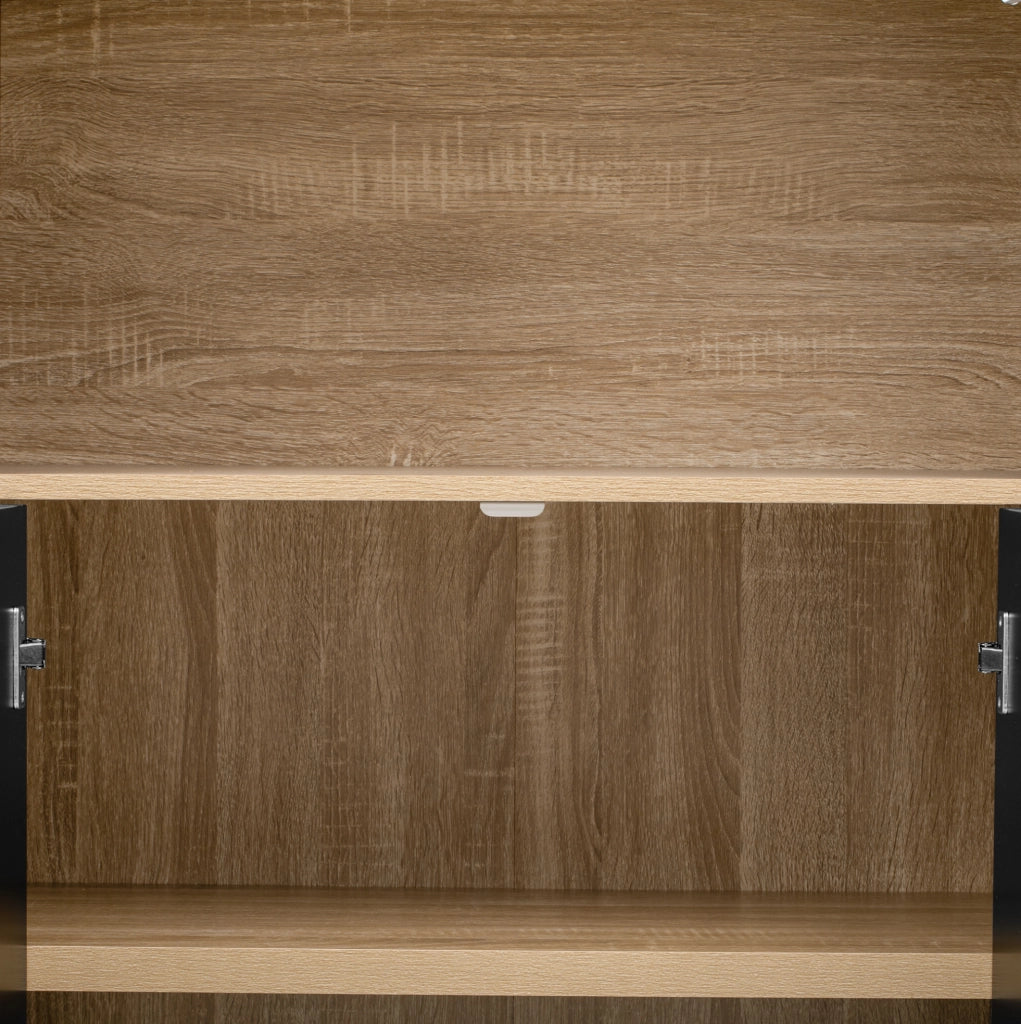 Credenza alta nera con ripiani regolabili e illuminazione a più colori