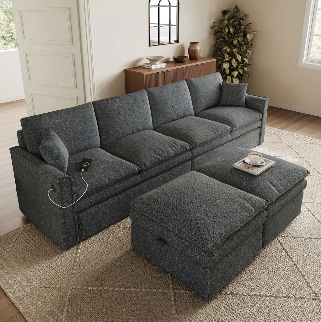 Divano modulare 6 posti grigio con 2 pouf contenitore, USB e Type-C