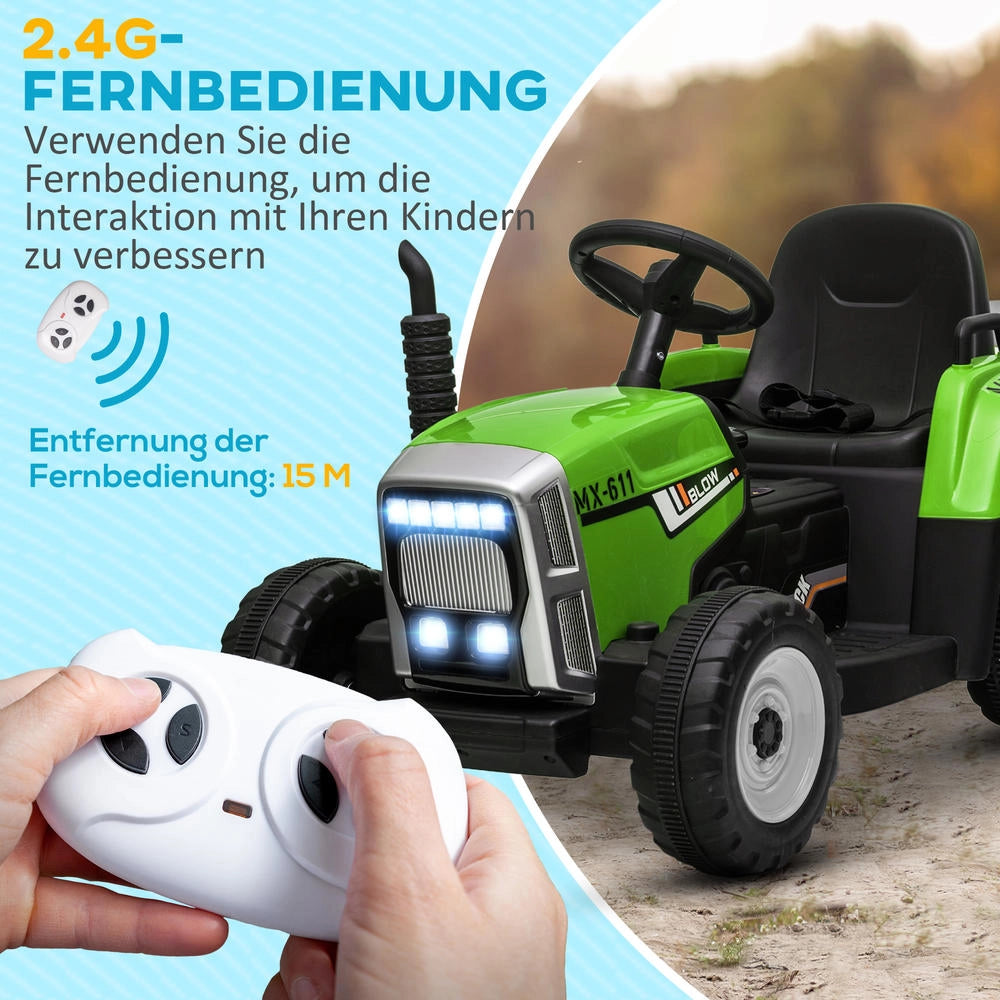 Trattore Elettrico per Bambini con Telecomando e Rimorchio Rimovibile 6 km/h Verde e Nero