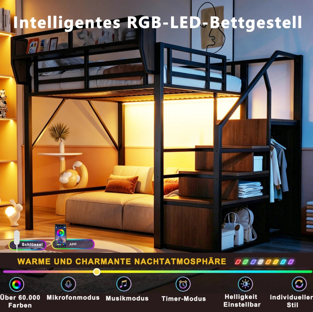 Letto a soppalco 140 × 200 cm con LED multicolore; scala e ripiano regolabile; metallo nero