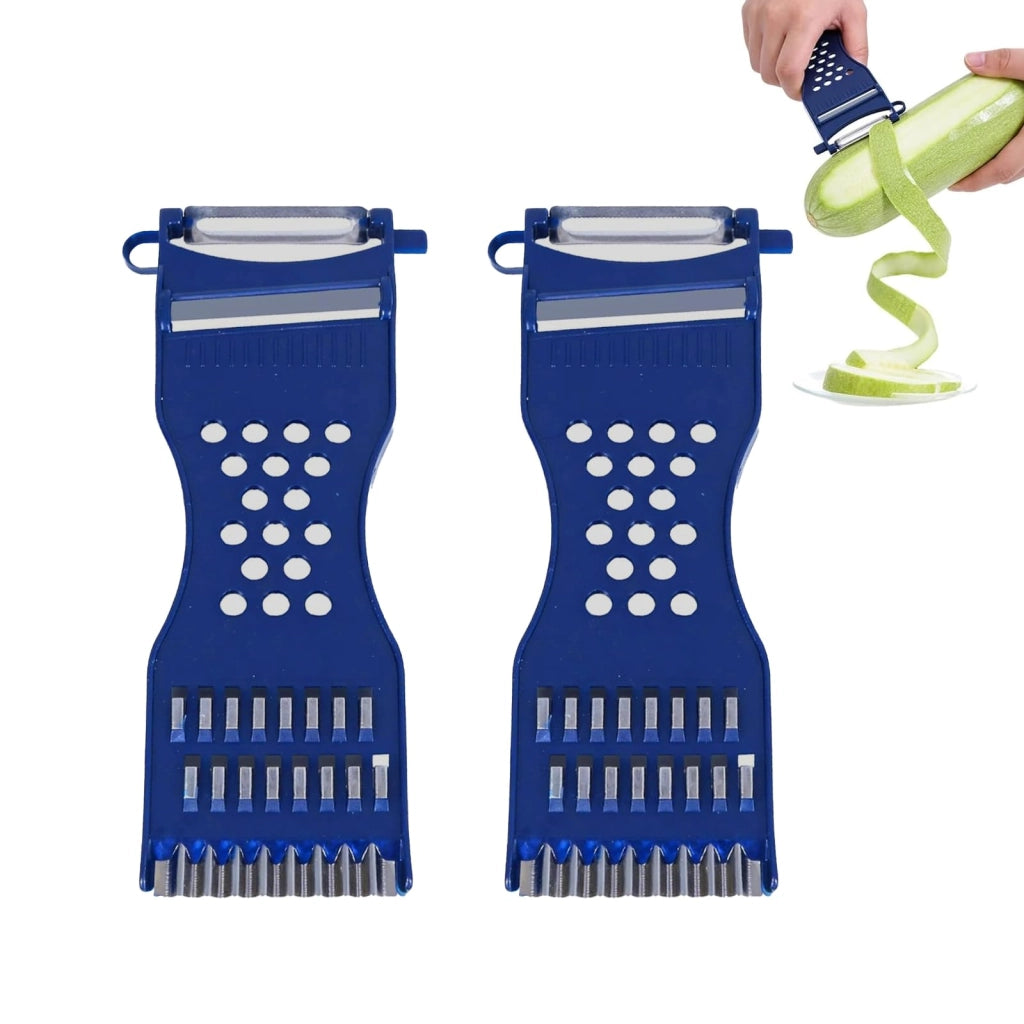 Set da 2 pezzi, pelapatate multifunzione 6-in-1: pelapatate, affettatrice per verdure, grattugia, affettatrice a julienne, colore blu