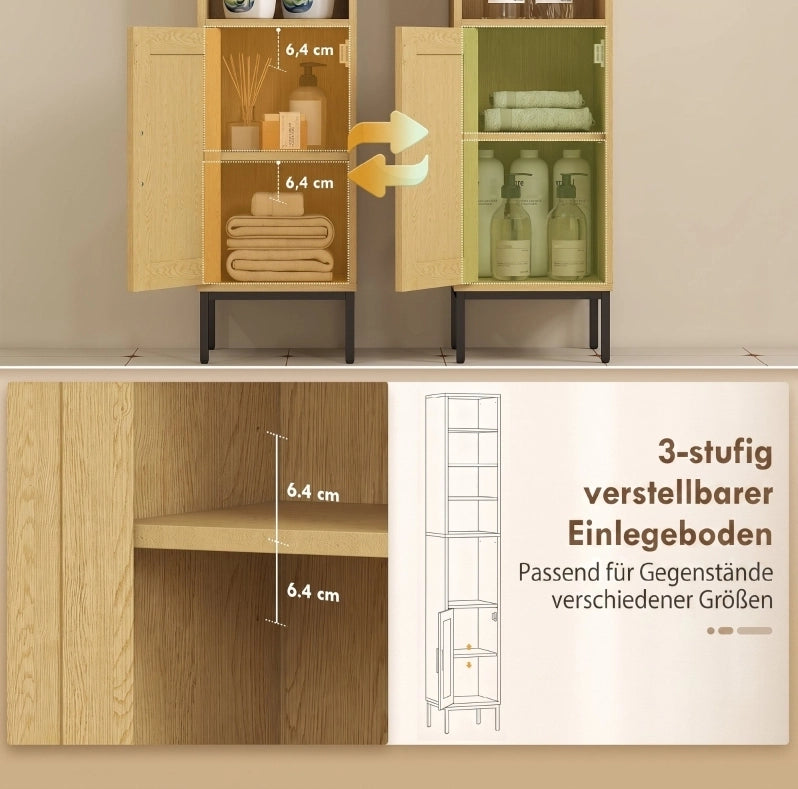 Mobile bagno alto e stretto effetto legno naturale e rattan