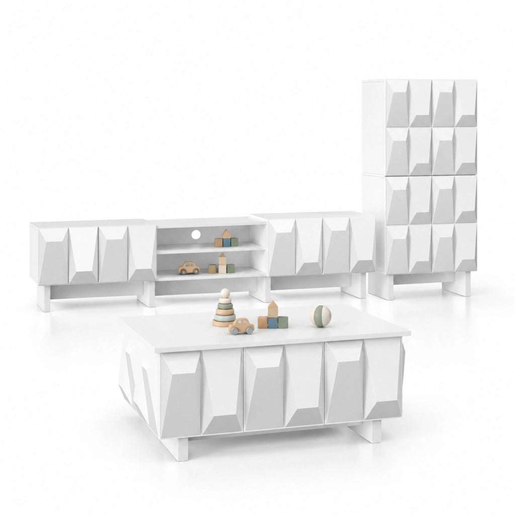 Set di mobili da soggiorno bianco con frontali 3D, 3 pezzi