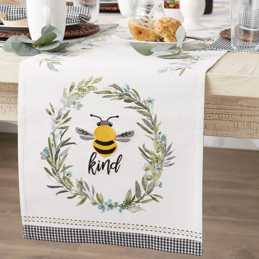 Tovaglia reversibile, 14x108 pollici, cotone, motivo api, bianco e nero