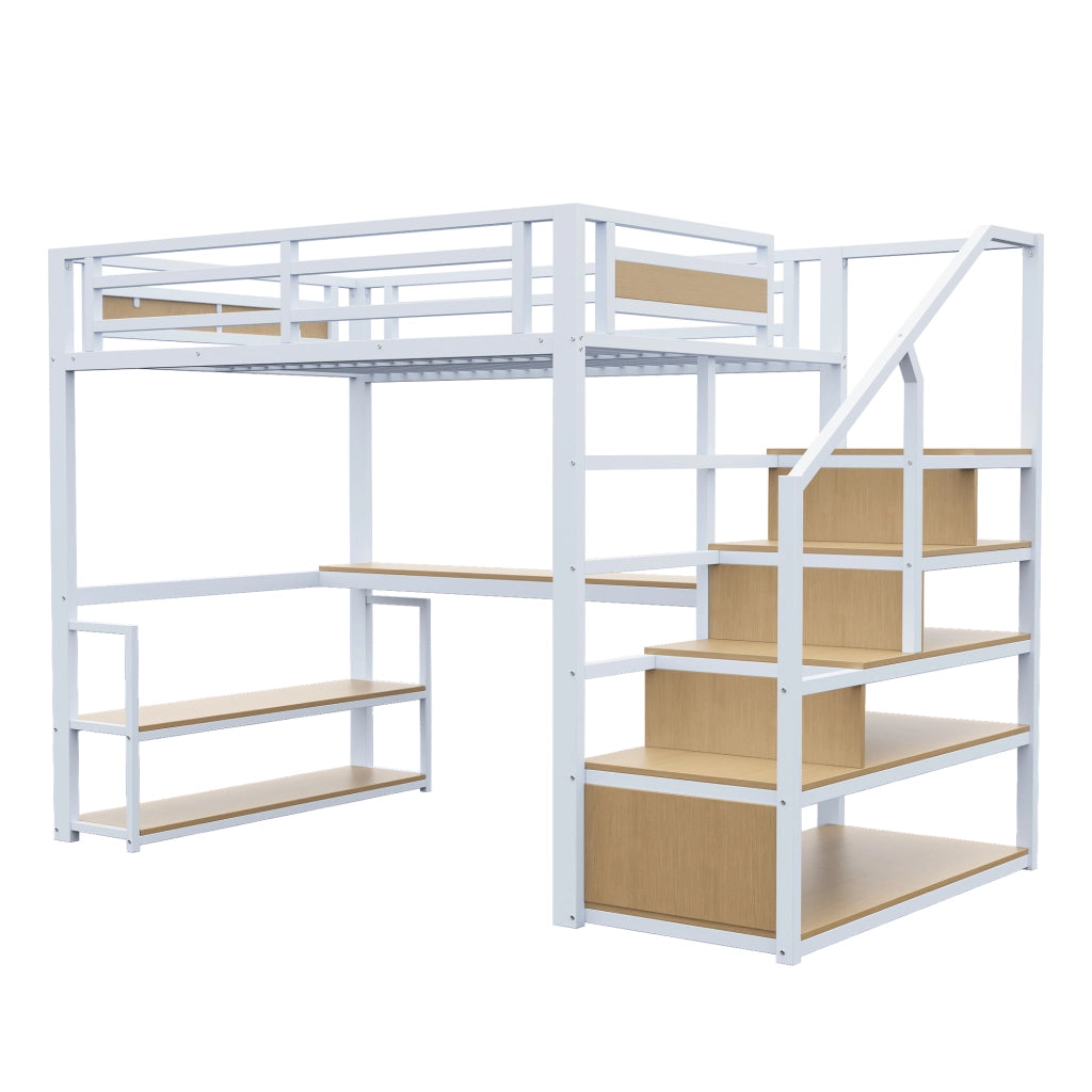 Letto a soppalco 140 × 200 cm in metallo bianco con scala contenitore scrivania ripiani e sponde di sicurezza