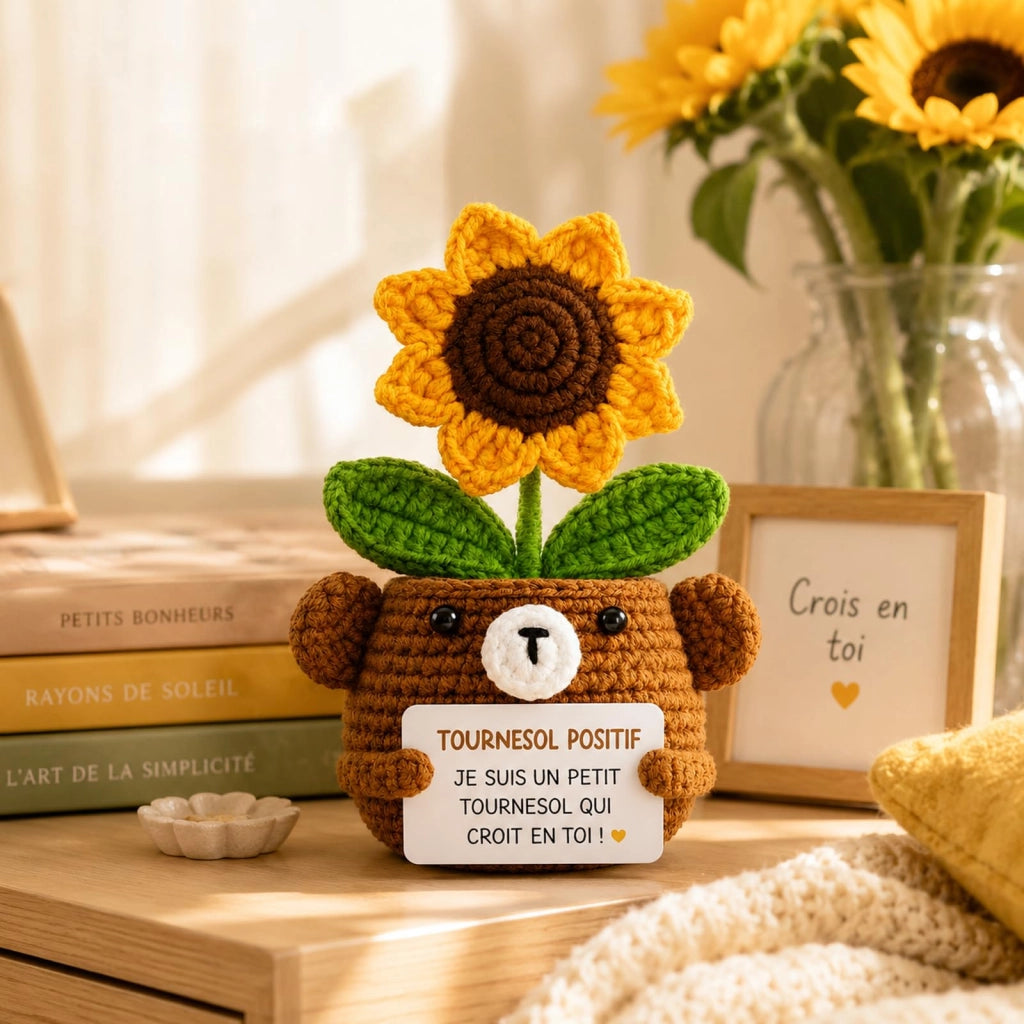 Girasole all'uncinetto con messaggio, decorazione, 15 cm